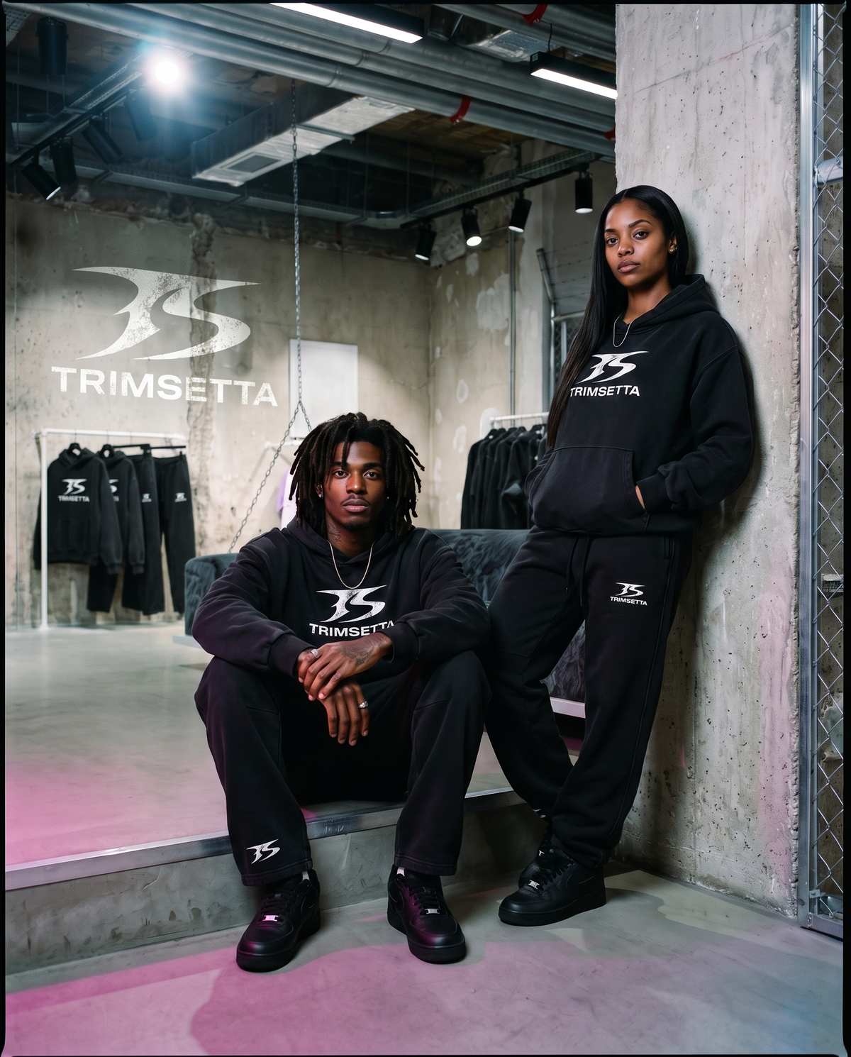 Blackout Hoodie – worn as the full Blackout Set in the Trimsetta showroom